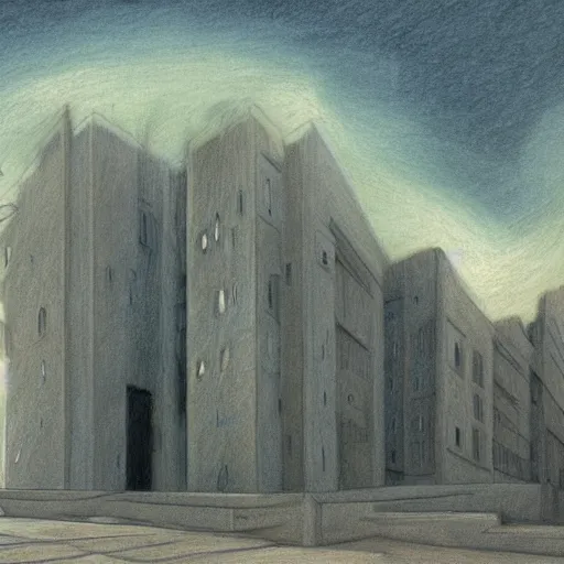 Image similar to a drawing of a building with a sky background, concept art by mikalojus konstantinas ciurlionis, pixiv, vorticism, concept art, dystopian art, official art