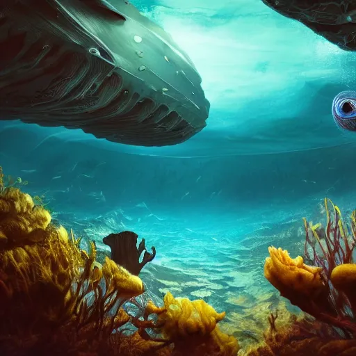 Image similar to vanishing perspective underwater view of the alien landscape underwater on the ocean bed, deep blue ocean color, some plant life, alien fish swimming on the background, cinematic perspective, cinematic lighting, matte painting, detailed, sci - fi, hdr, 4 k, artstation