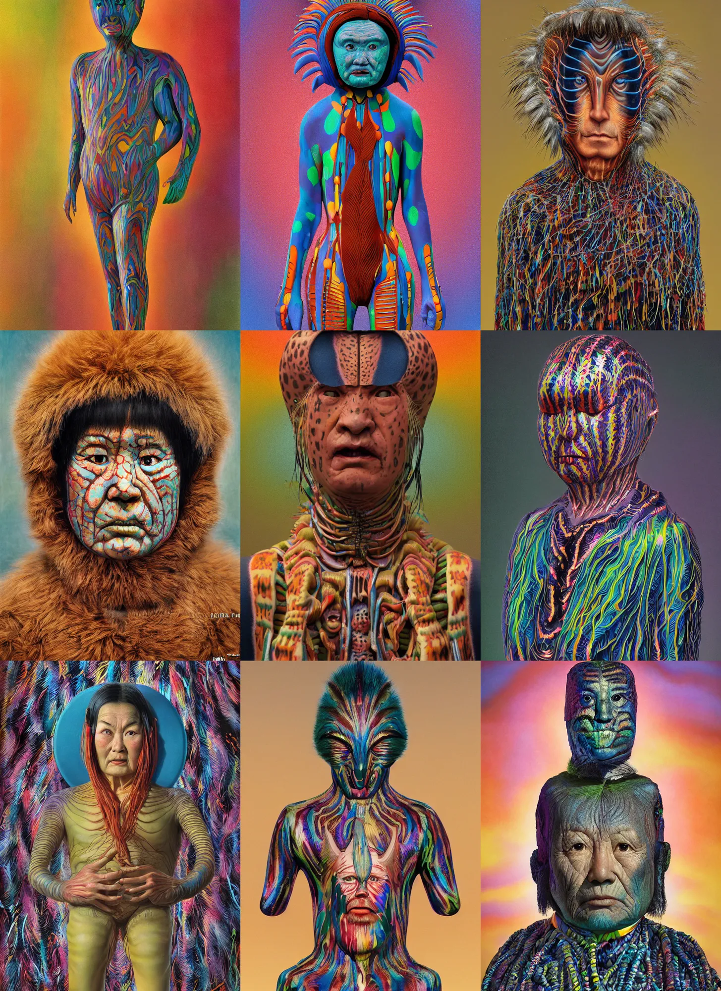 Prompt: a portrait of a Selk'nam by Peter Andrew Jones and Mark Ryden and Lisa Frank, Al Feldstein, Yayoi Kusama, Glenn Fabry , Award winning photo, iridiscense, Houdini algorithmic generative render, Accurate and detailed, sharp focus, octane render 8k