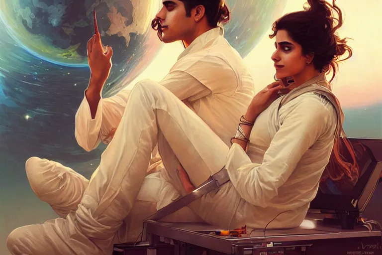 Image similar to Sensual good looking pale young Indian doctors wearing jeans partying in a space station above Earth performing surgery, portrait, elegant, intricate, digital painting, artstation, concept art, smooth, sharp focus, illustration, art by artgerm and greg rutkowski and alphonse mucha