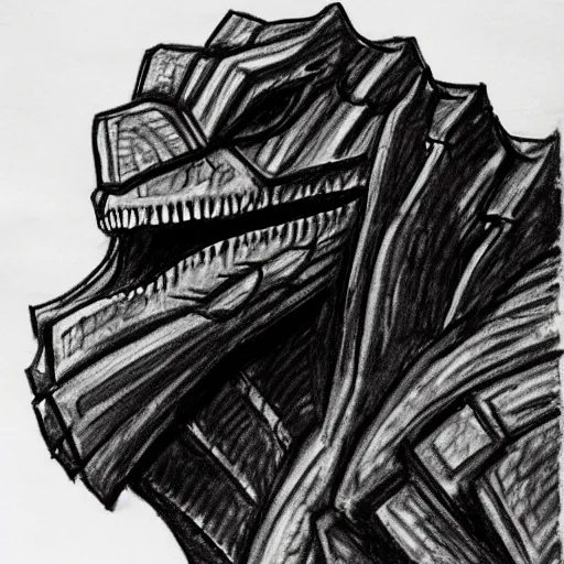 Prompt: court sketch of godzilla on trial