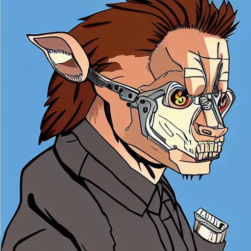 Image similar to arnold schwarzenegger as an animal, the terminator, animation, myazaki, anime, animation, furry