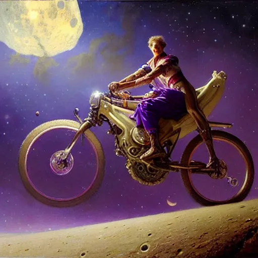 Image similar to a giant purple squid riding bicycle on the moon. highly detailed painting by gaston bussiere, greg rutkowski, j c leyendecker 8 k