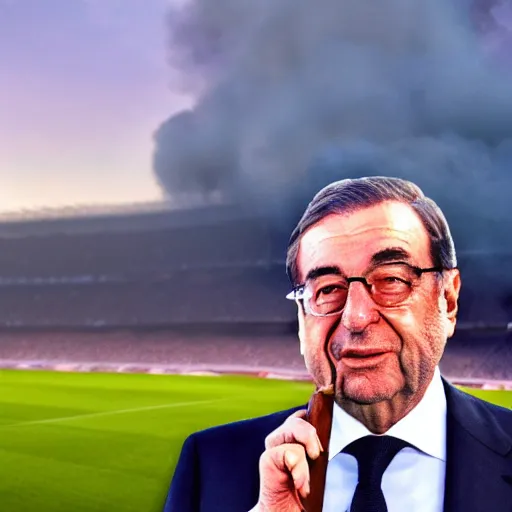 Prompt: high quality picture of florentino perez smoking a cigar, the camp nou burning in the background