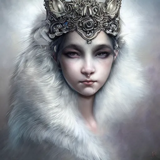 Image similar to A masterpiece portrait of a Incredibly beautiful queer moonchild blind girl with eyeliner . The Queen of the wolves .medium shot, intricate, elegant, highly detailed. trending on artstation, digital art, by Stanley Artgerm Lau, WLOP, Rossdraws, James Jean, Andrei Riabovitchev, Marc Simonetti, Yoshitaka Amano