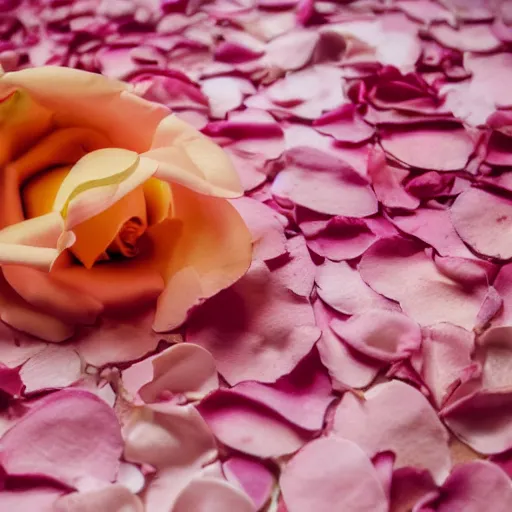 Prompt: bottle buried in luscious pink rose petals, peach background, soft femme, romantic environment, up close shot