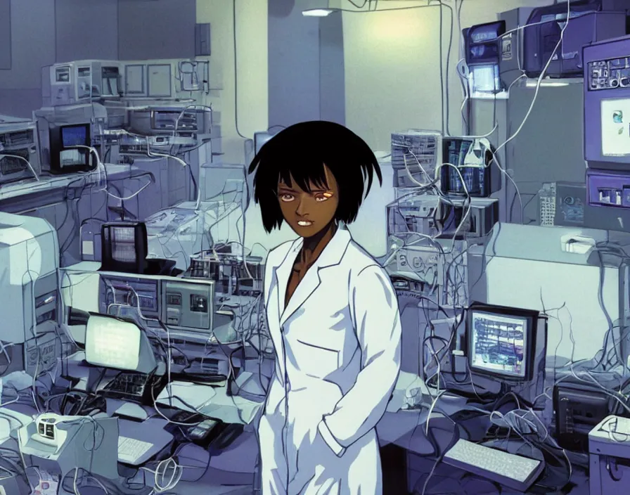 Image similar to dark skin woman wearing a white lab coat with a blue haircut, connected to wires, surrounded by 1 9 8 0 s computers, in the style of serial experiments lain and evangelion 1 9 9 5, dynamic lighting, dark ambience, cell - shaded, detailed face, retro tech