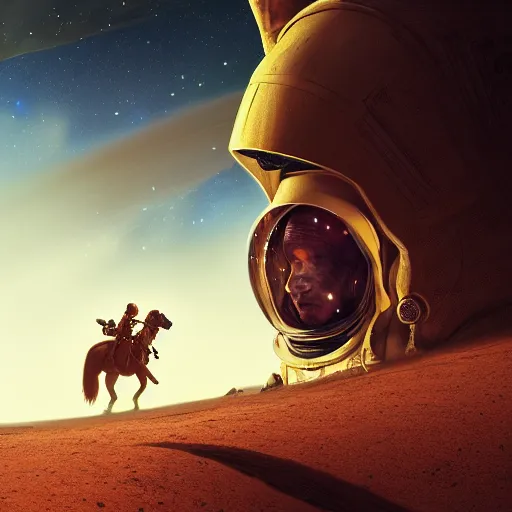 Image similar to centered portrait of the Astronaut riding a Horse in Mars, realistic character concept, high fantasy, light atmosphere, golden ratio, wide shot, cinematic lighting, hyperdetailed, high detailed, high resolution, insanely detailed and intricate, artstation, Marc Simonetti, Greg Rutkowski, octane render, unreal engine, 8k