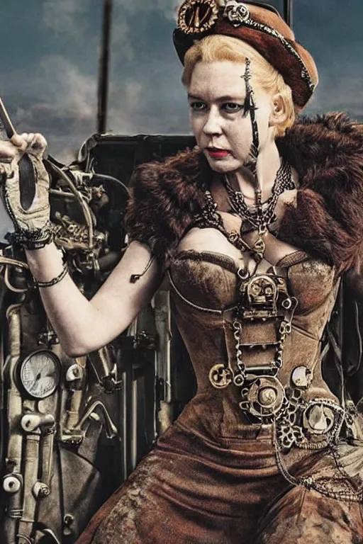 Image similar to steampunk queen elizabeth in mad max fury road