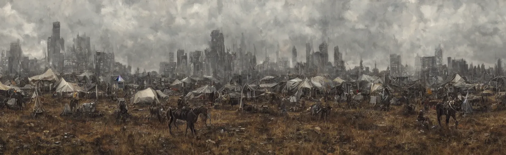 Prompt: cloudy, grey skies, american horseback knights, tent camp in foreground, fortress city of deteriorating office buildings in background upon hill, post apocalyptic, grungy; oil on canvas, artstation