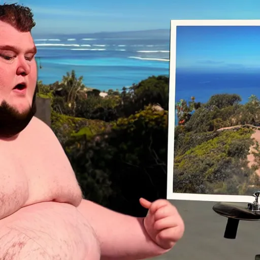 Image similar to obese comedian tim dillon in malibu drinking a martini in real life, 8 k, 4 k uhd, realistic, hyper realistic, super detailed, very detailed, detailed