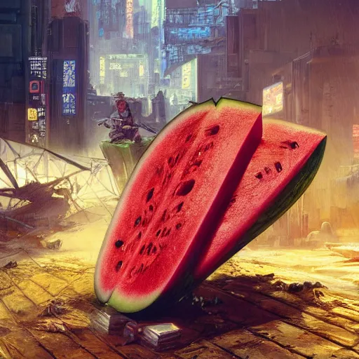 Image similar to Concept Digital Art Highly detailed giant Watermelon warlord protecting Ukrainian village from Orks by Taras Shevchenko and Stephen Hickman and Beeple. Very highly detailed 8K,Pentax 67, Kodak Portra 400 in style of Hiromasa Ogura Ghost in the Shell, the golden ratio, rational painting