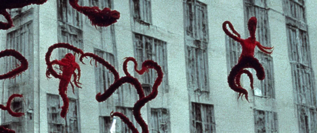 Image similar to filmic extreme close up exterior shot movie still 4 k uhd 3 5 mm film color photograph of a family jumping off a building laughing with tentacle arms happy, only color results, in the style of the horror film the thing 1 9 8 2