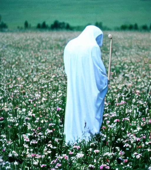 Image similar to white grim reaper with no face standing at distance looking at you in beautiful meadow of flowers, film photo from 1970s, grainy, high detail, high resolution