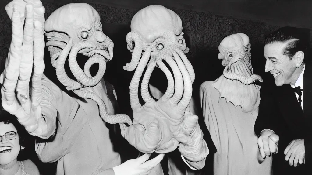 Prompt: a vintage kodachrome photograph of jkf with a warm smile greeting cthulhu at a fundraising in the white house in 1 9 5 4