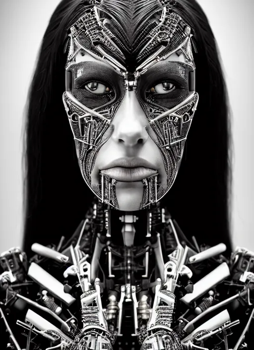 Image similar to a stunning young woman - crow mixed cyborg profile face, face is made intricate tribal bio - mechanical, editorial photography, bw, shot on 7 0 mm, depth of field, f / 2. 8, high contrast, 1 6 k, volumetric lighting, shiny, insanely detailed and intricate, hypermaximalist, elegant, ornate, hyper realistic, super detailed