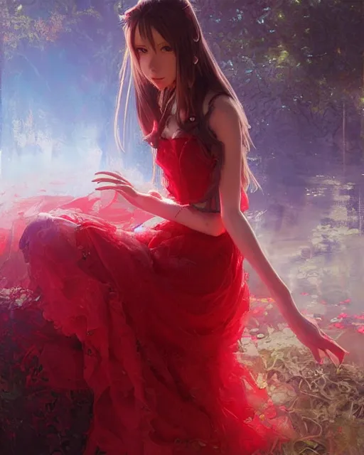 Image similar to aerith gainsborough in red lace skirt, portrait, illustration, rim light, top light, perfectly shaded, soft painting, art by krenz cushart and wenjun lin