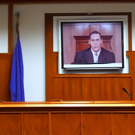 Image similar to jerma 9 8 5, still image of jerma 9 8 5 on trial, courtroom photo, courtroom interior background,