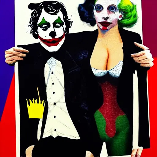 Image similar to richard hamilton and mimmo rottela and banksy as joaquin phoenix skinny joker holding hand lady gaga harley queen, ultra photorealistic, intricate details, pop art style, concept art, 3 colors, 4 d, smooth, sharp focus