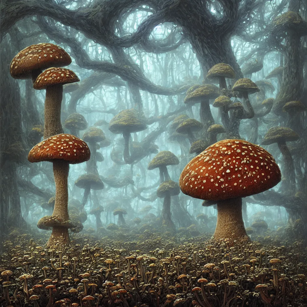 Prompt: the big mushroom, a beautiful hyper realistic detailed concept art of a fractal eldritch and fascinating mushroom forest with morels and reishi spores plethora by andreas rocha and john howe and dan mumford and albert bierstadt, nausicaa, sharp detail, cinematic, medieval veduta, ultrawide angle, artstation, pinterest