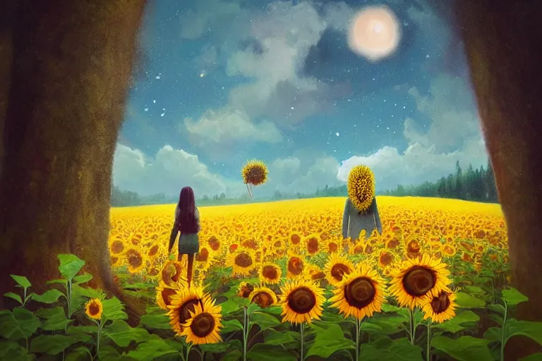 Image similar to giant sunflower as a head, girl walking between trees, hills, surreal photography, dark night, star trails, dramatic light, impressionist painting, clouds, digital painting, artstation, simon stalenhag