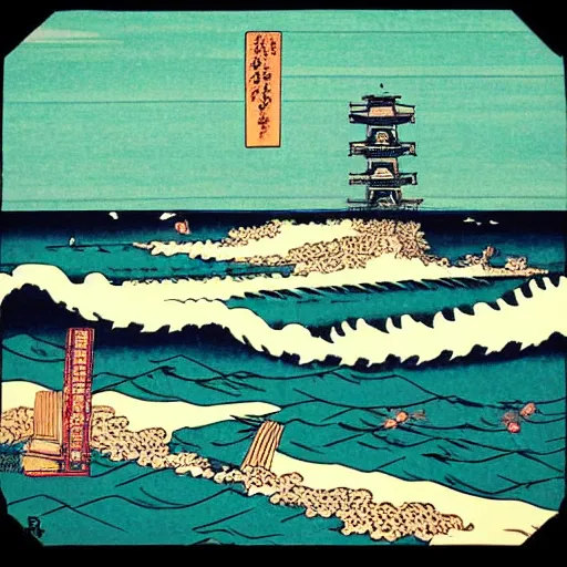 Prompt: “ west pier in brighton in the style of a woodblock print by the japanese ukiyo - e artist hokusai ”