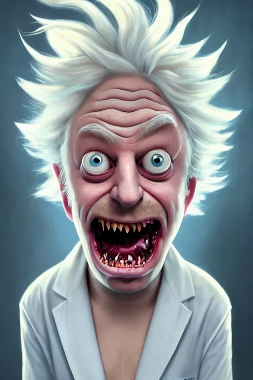 Image similar to Boris Johnson as a kind smiling Rick Sanchez from Rick and Morty, unibrow, white robe, big eyes, realistic portrait, symmetrical, highly detailed, digital painting, artstation, concept art, smooth, sharp focus, illustration, cinematic lighting, art by artgerm and greg rutkowski and alphonse mucha