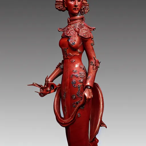 Prompt: museum angeline joile portrait statue monument made from chinese porcelain brush face hand painted with iron red dragons full - length very very detailed by rutkowski symmetrical well proportioned