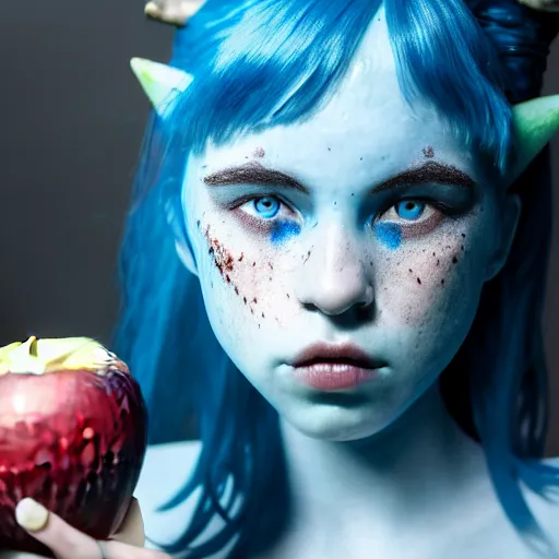 Image similar to a dnd Triton girl with blue skin and messy black hair in a pantry eating an apple, a little blue-skinned girl with messy black hair sharp pointed ears freckles along the ridges of her cheeks, dnd triton, high resolution film still, 4k, HDR colors