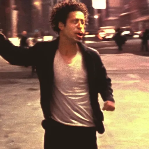 Image similar to zack de la rocha dancing in new york film still from fight club