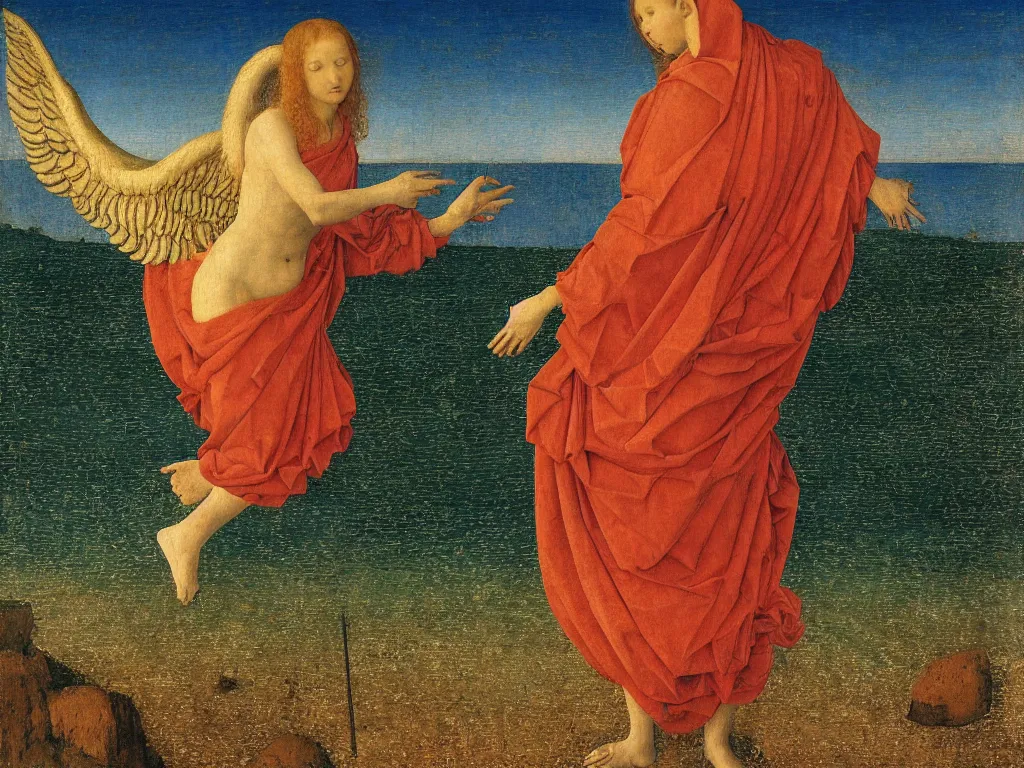 Image similar to Terrifying angel separating the waters in two. Coral-like pebbles, autumn light. Painting by Jan van Eyck, Fra Filippo Lippi, Rene Magritte, Jean Delville, Max Ernst