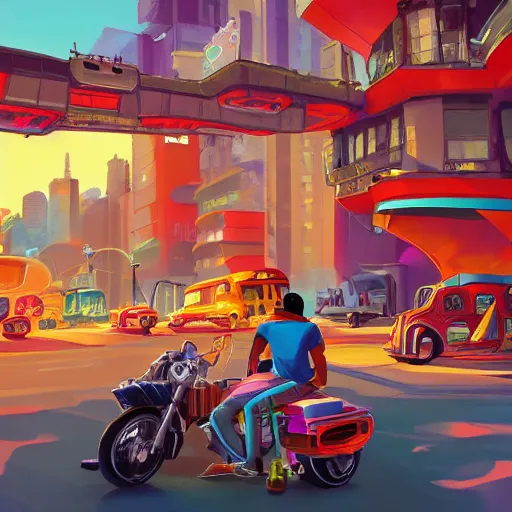 Image similar to swagger! lowrider culture, living large in the city by tyler edlin, editorial, bold colors, detailed, bold colors, incredible lighting, great composition, artstation