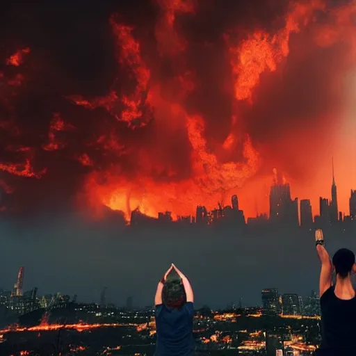 Image similar to realistic photo, destroyed city on fire with red flames in the background, calm people practicing yoga at the top of a hill in the foreground, apocalyptic atmosphere, smoke in the sky