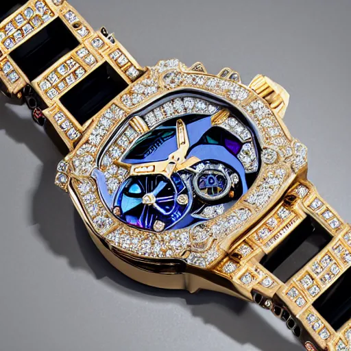 Image similar to vvs diamond alexandrite sapphire watch, intricate design, rolex, cogs and gears, steampunk watch, bejeweled beautiful watch, richard mille, promotional photo, 8 k photography