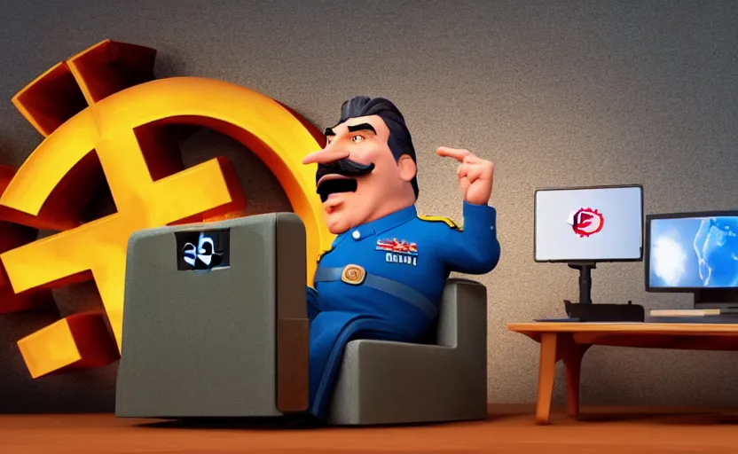 Image similar to very cute angry realistic josef stalin trading bitcoin in front of computer, disney pixar character concept artwork, 3 d concept, in a rock chair, high detail iconic character for upcoming film, 8 k octane render