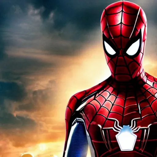 Image similar to promotional image of Spider Man as Iron Man in Iron Man（2008）, he wears Iron Man armor without his face, movie still frame, promotional image, imax 70 mm footage