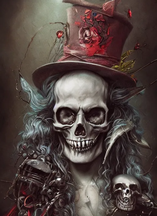 Prompt: Mad Hatter,Death Tarot card,highly detailed,half skull face,cinematic,8k,by Stanley Artgermm,Tom Bagshaw,Greg Rutkowski,Carne Griffiths, Ayami Kojima, Beksinski, Giger,Anne Stokes, Benjamin Lacombe,trending on DeviantArt,hyper detailed,horror, full of colour