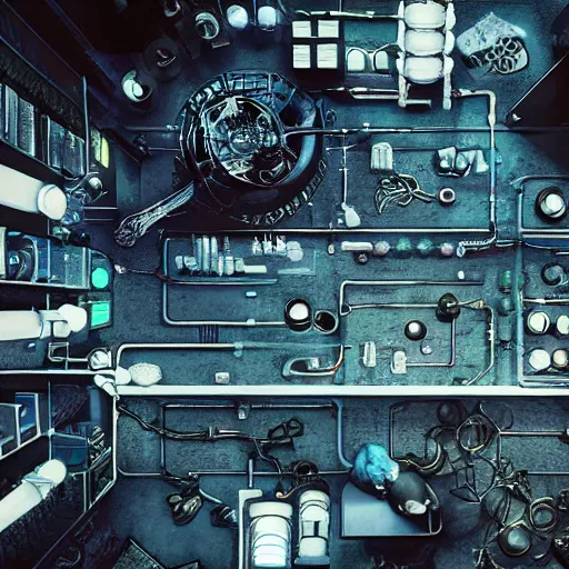 Prompt: cyberpunk room top view with table of dissection laboratorie experiment lote of chain, liquide in tube, technologique , technomancer , alien experimente the futur dark by Greg Rutkowski, Sung Choi, Mitchell Mohrhauser, Maciej Kuciara, Johnson Ting, Maxim Verehin, Peter Konig, Bloodborne , 8k photorealistic, cinematic lighting, HD, high details, atmospheric , trending on artstation