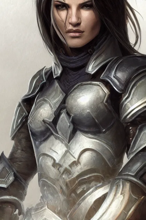 Image similar to Gina Carano clothed in battle armor, olive skin, long dark hair, beautiful bone structure, symmetrical facial features, intricate, elegant, digital painting, trending on Artstation, concept art, smooth, sharp focus, finely detailed, illustration, from World of Warcraft, by Artgerm and Greg Wutkowski and William-Adolphe Bouguerea, award winning art