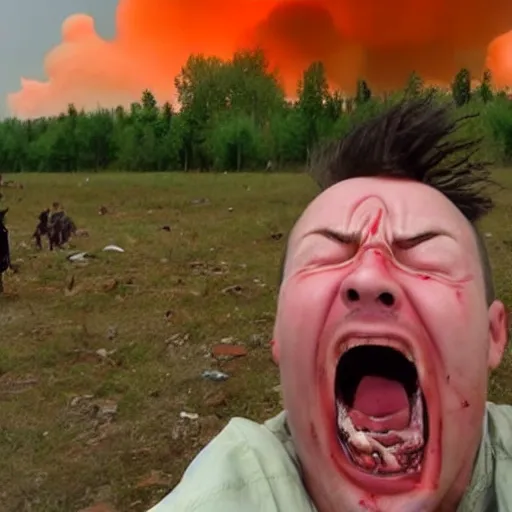 Prompt: selfie of a ukrainian screaming in pain and terrible injuries from a nuclear explosion, everything is on fire and radiation, in the background people look like zombies corpses and chocklets, a large nuclear explosion in the background