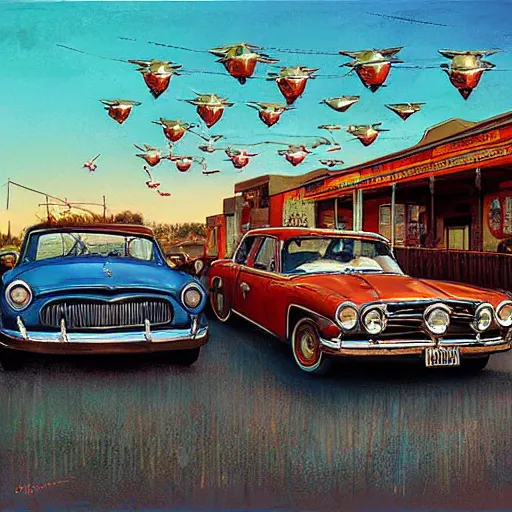 Image similar to restored vintage cars float through the air above the street in a small southwestern american town, art by alejandro burdisio