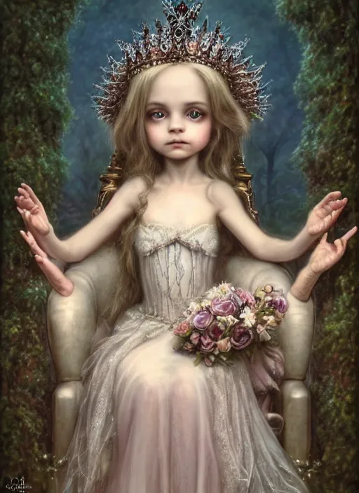 Prompt: highly detailed closeup, portrait of a gothic fairy princess wearing a crown and sitting on a throne, simple hands with straight fingers, unreal engine, nicoletta ceccoli, mark ryden, earl norem, lostfish, global illumination, detailed and intricate environment