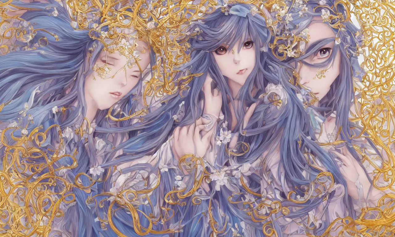 Image similar to breathtaking detailed anime painting of a knight queen with long flowing blue hair, pastel flowers petals and golden ribbons flying, art by pilyeon and yuumei art, symmetrical facial features, at dawn in front of a pristine golden art nouveau cathedral, elegant, volumetric lighting, highly detailed, artstation, concept art, matte, sharp focus,