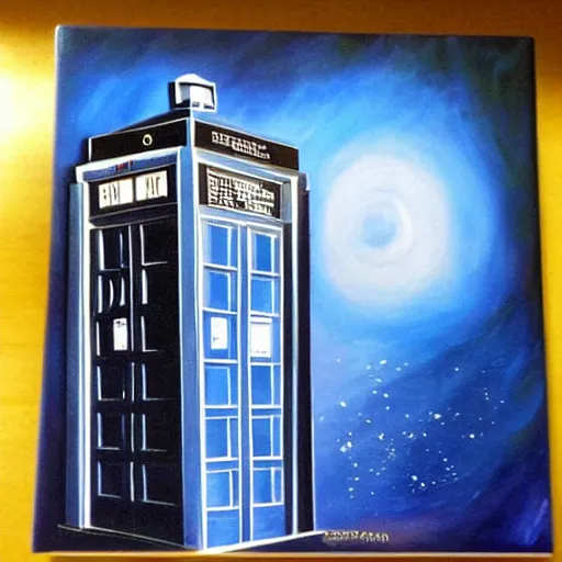 Image similar to oil painting of the tardis from dr who flying through space. rochester blot test. beautiful. space.