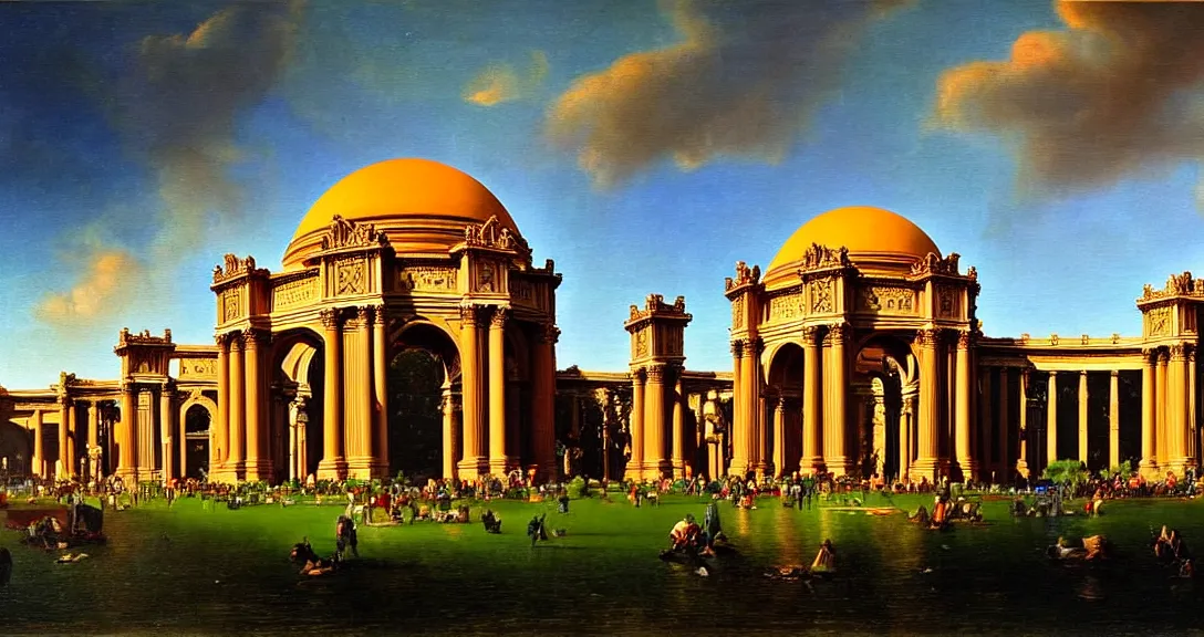 Image similar to the san francisco palace of fine arts during the intergalactic futuristic fair, romantic era painting, majestic