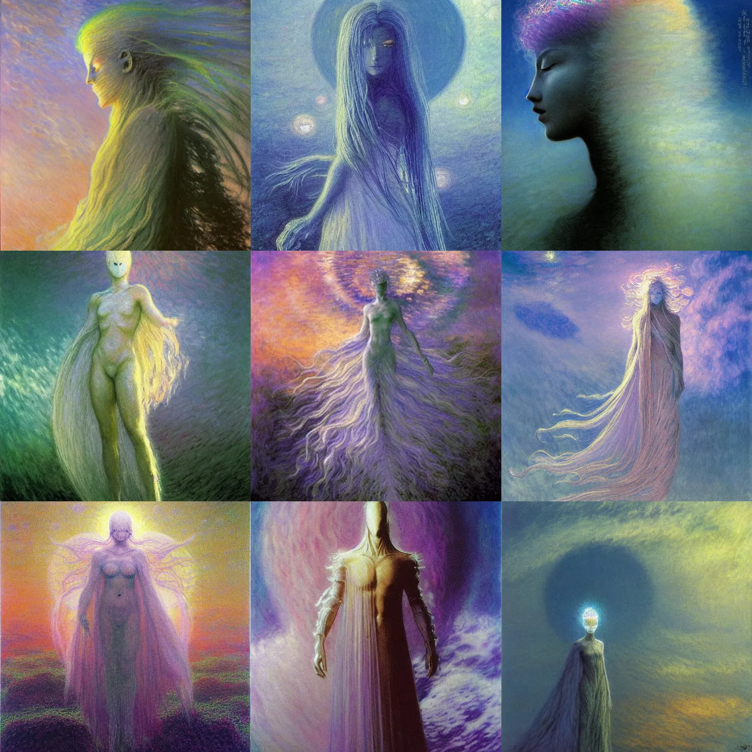 Prompt: masumune shirow shiny metallic knight with cape, ethereal angelic being of light, gloomy face, crystalline translucent hair, sky with swirling clouds, shining crescent moon, spiral heavens, pale pastel colours, zdislaw beksinski, beautiful painting by claude monet