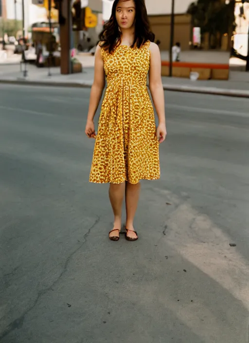 Image similar to portrait photo of a beautiful brown hair woman in a yellow sun dress in downtown Los Angeles, Kodak Portra 400 film