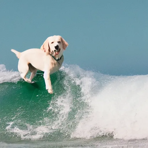Prompt: a cream-colored dog hanging ten, surfing the cosmic, Leica, 4K