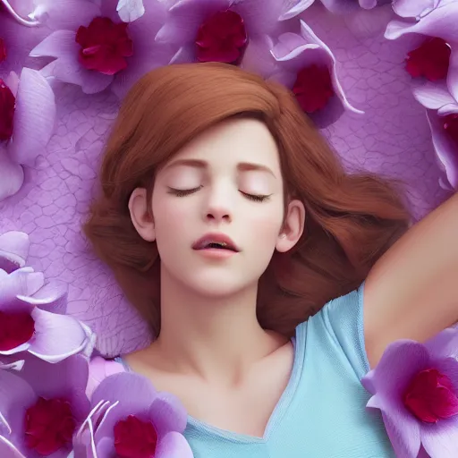 Prompt: girl sleeping on a big flower, 3 d render, incredible details, highly detailed, photorealistic, disney pixar, smooth, octane render, iridescent, 8 k