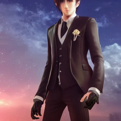 Image similar to a handsome young man in a in a magical field, detailed face, wearing a black suit, piercing gaze, final fantasy cutscene, in the style of Yoshitaka Amano, moonray render, ray tracing —H 640